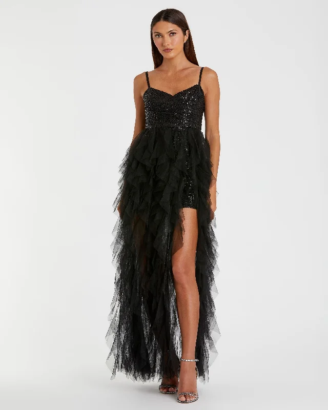 Luxe Satin Dress Sequin Mini with High Low Ruffle Tiered Train