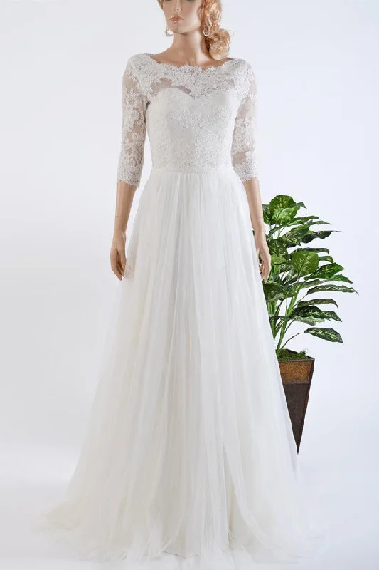 Floor-Length Satin Dress 3-4 Length Sleeve Tulle Satin Lace Bolero Wedding Dress-714968 Floor-Length Satin Dress 3-4 Length Sleeve Tulle Satin Lace Bolero Wedding Dress-714968