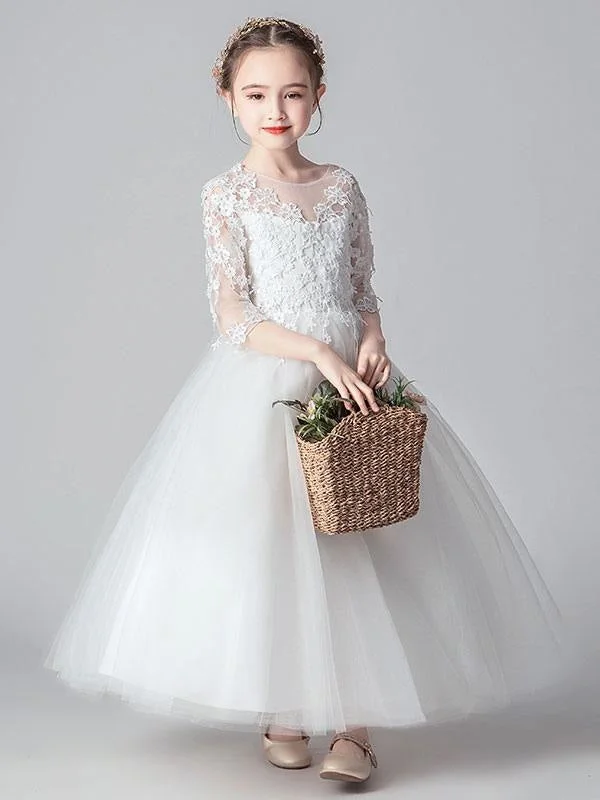 Cocktail Dress 3/4 Length Sleeves Ankle-Length PrincessWhite Flower Girl Dresses Tulle Formal Kids Pageant Dresses