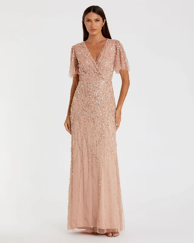 Simple Formal Dress Embellished Flutter Sleeve Gown