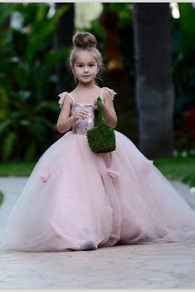 Ruched Satin Dress 3D Flowers Princess Pink Tulle Flower Girl Dress