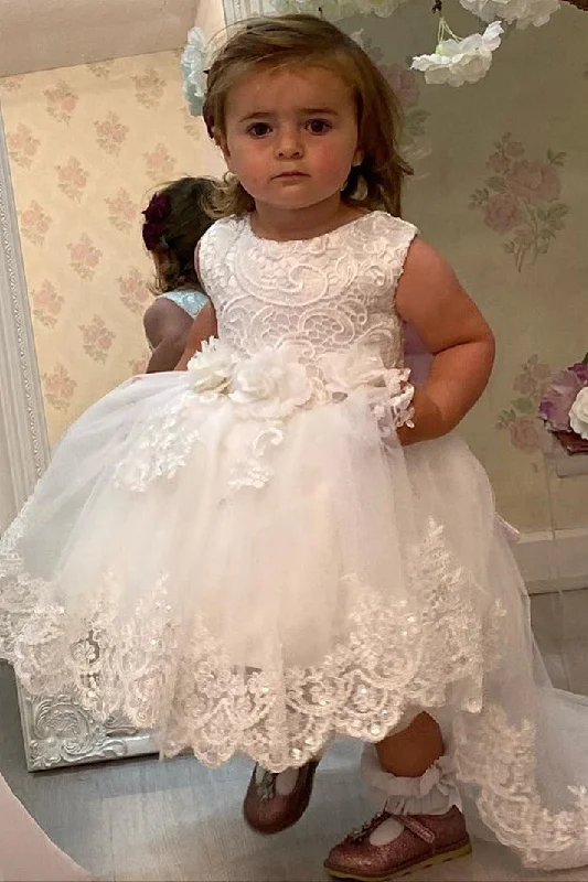 Dainty Chiffon Dress 3D Flowers White Lace Flower Girl Dress with Pink Bow