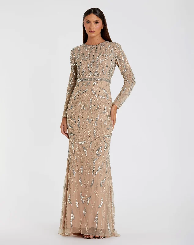 Beaded Evening Dress Nude Beaded Long Sleeve Evening Gown