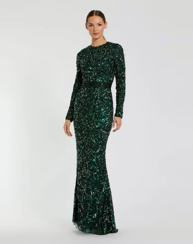 Floor-Sweeping Gown Hand Embellished Long Sleeve Gown