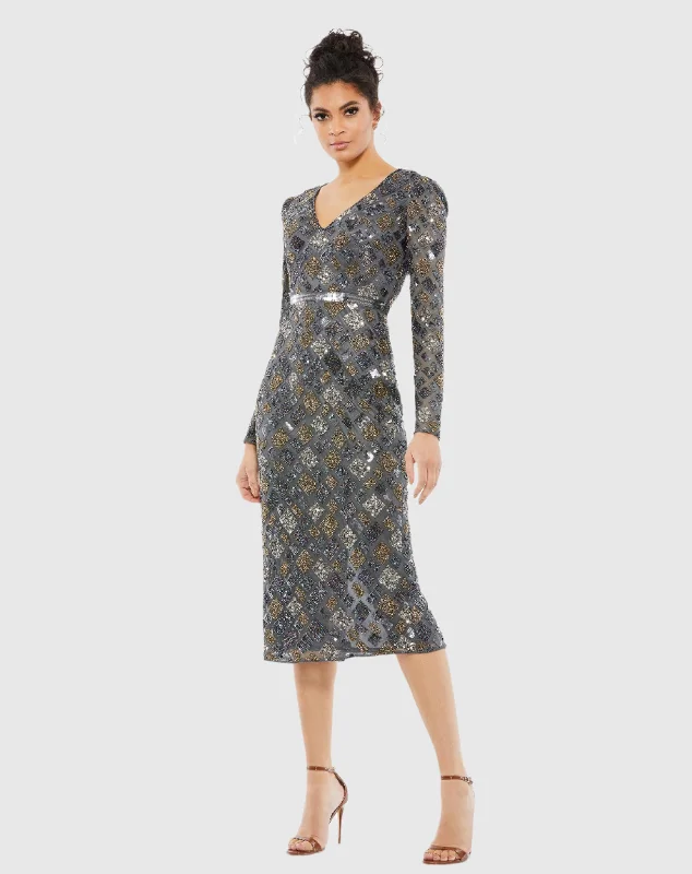 Halter Neck Dress Long Sleeve Geometric Sequin Midi Dress