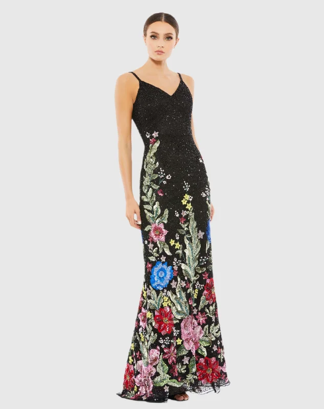 Knee-Length Dress Floral Embellished Spaghetti Strap Gown