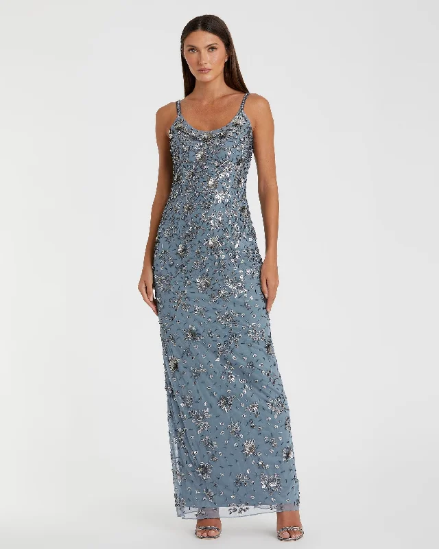 Pleated Gown Floral Embellished Scoop Neck Evening Gown