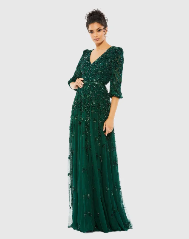 Party Dress Embellished V Neck 3/4 Sleeve A Line Gown