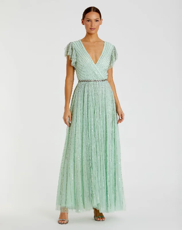 Stunning Party Dress Sequined Wrap Over Ruffled Cap Sleeve Gown