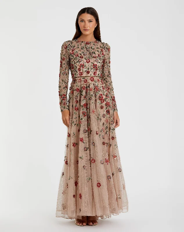 Peplum Dress Beige Embellished High Neck Long Sleeve A Line Gown