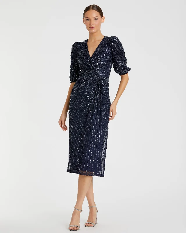 Satin Mermaid Dress Sequined V-Neck Short Puff Sleeve Midi Dress