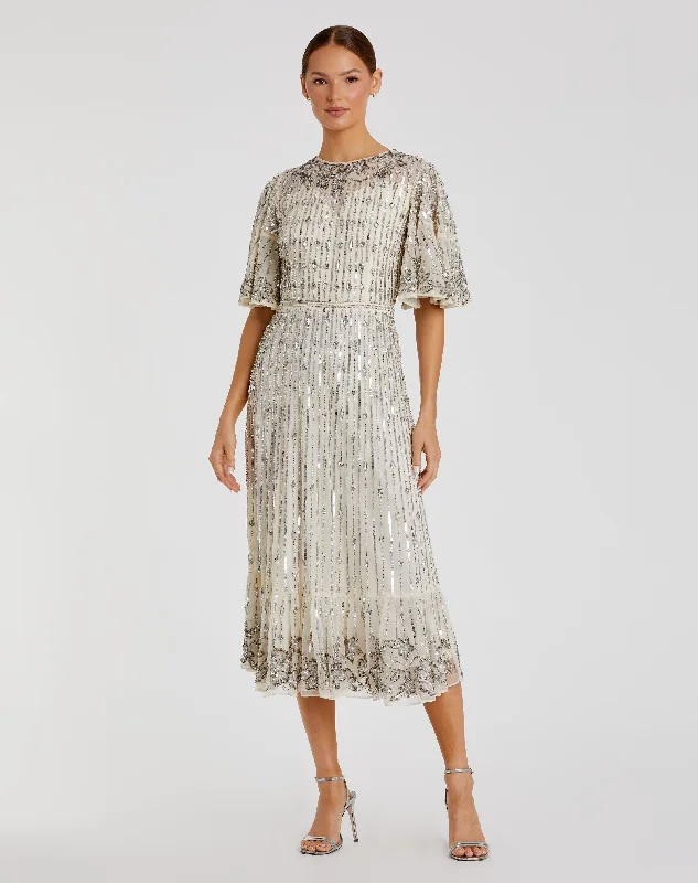 Asymmetrical Gown Flounce Sleeve Midi Dress