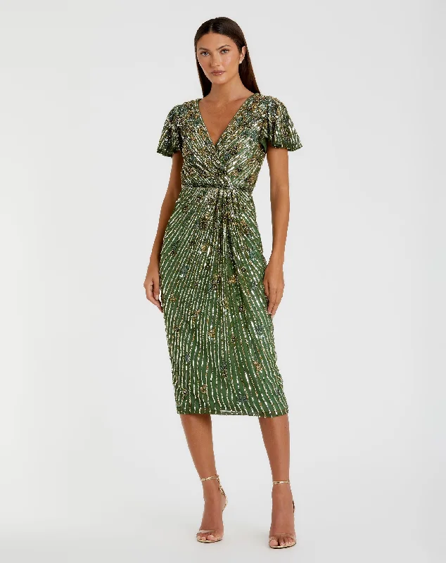 Stunning Party Dress Embellished Faux Wrap Flutter Sleeve Dress