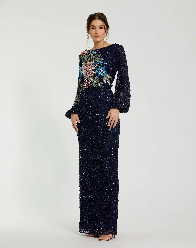 Metallic Formal Dress Blue Embellished Multi Color Floral High Neck Gown