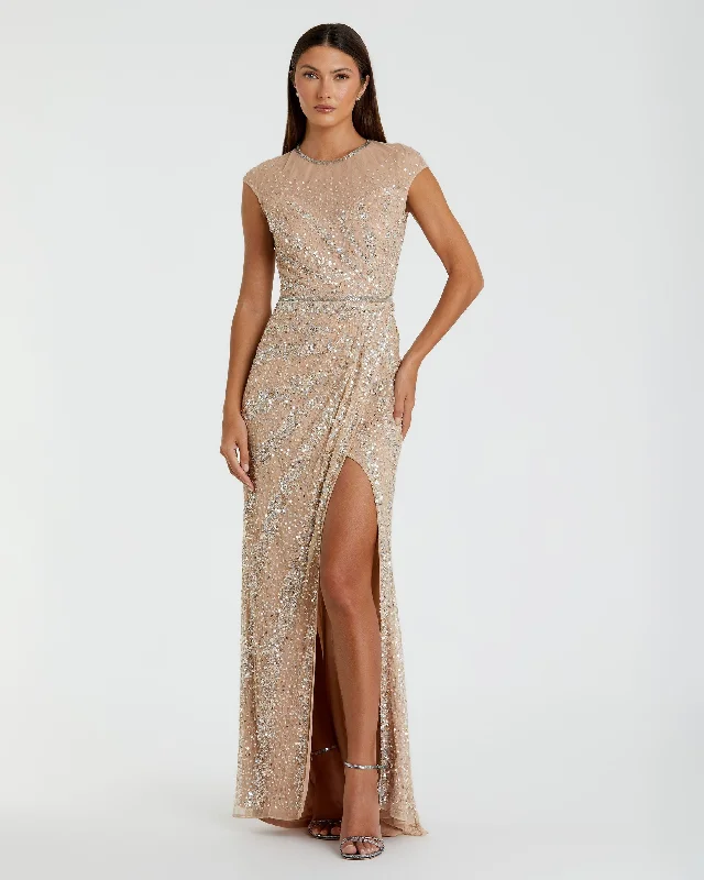 Fancy Embellished Dress Embellished Illusion High Neck Cap Sleeve Gown