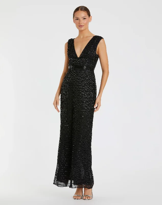 Illusion Neckline Dress Beaded Cap Sleeve V Neck Column Gown