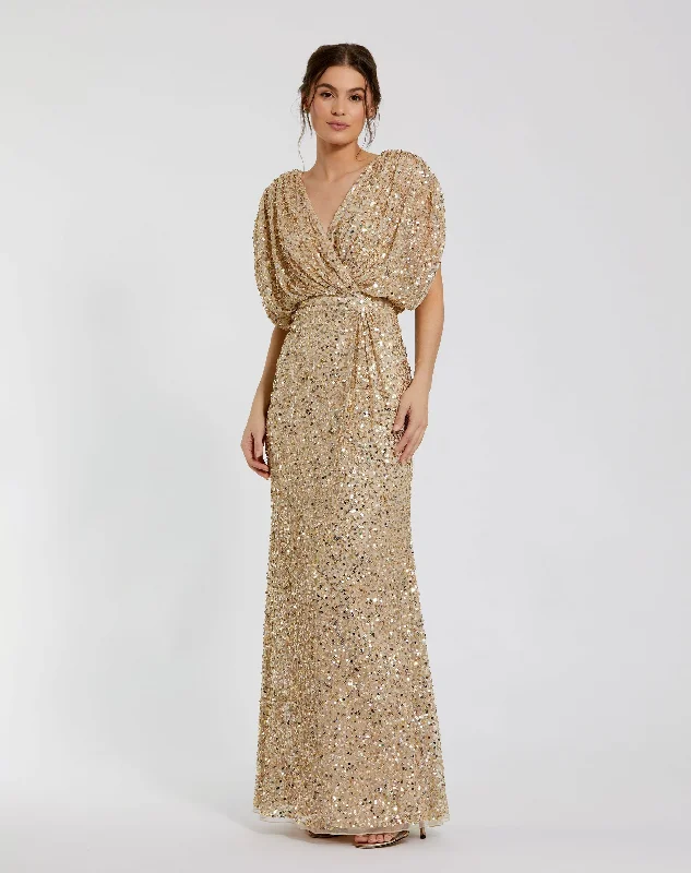 Unique Formal Dress Gold Draped Sleeve V Neck Gown