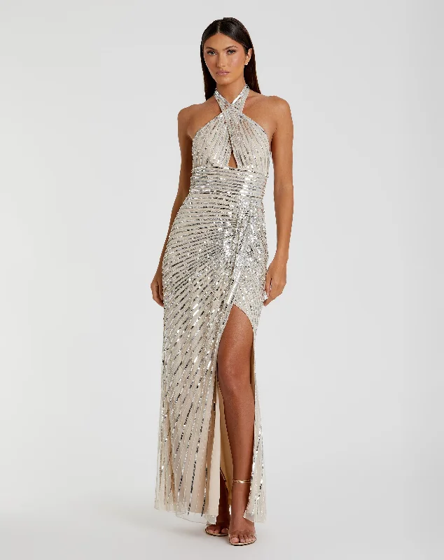 Long Sleeve Dress Embellished Keyhole Halter Strap Draped Gown