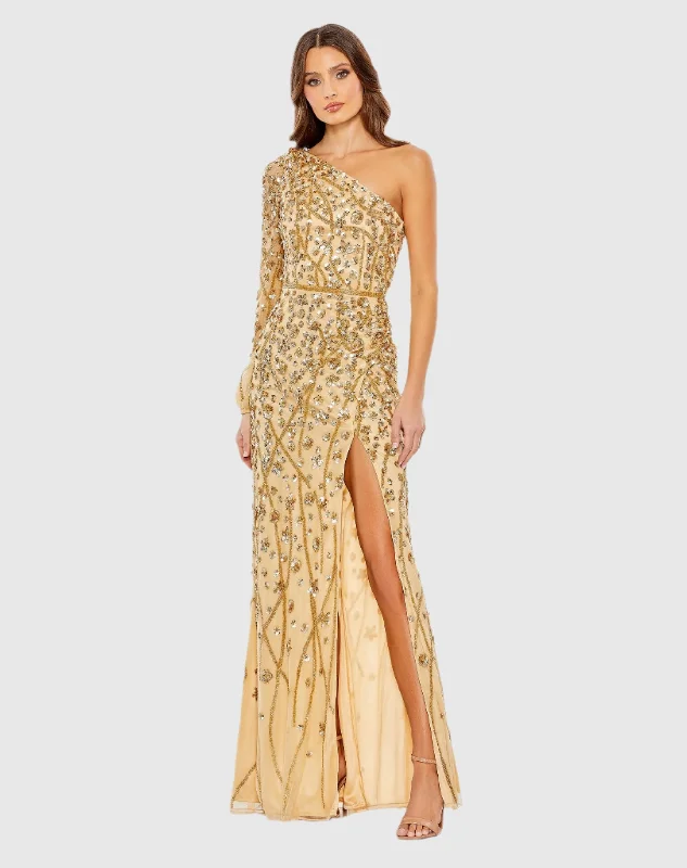 Full Skirt Dress Embellished One Sleeve Faux Wrap Gown