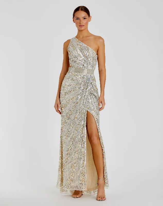 Floor-Length Satin Dress Silver Sequined One Shoulder Draped Lace Up Gown