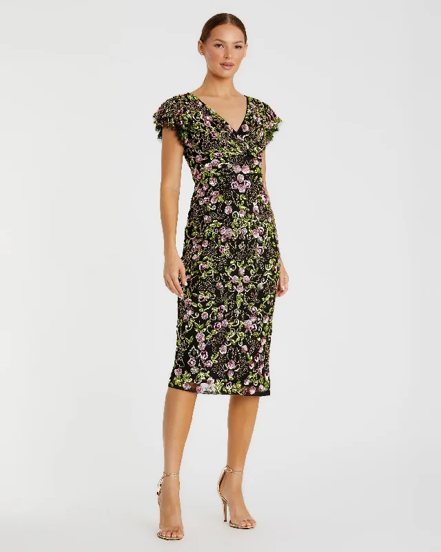 Ruffled Dress Black Floral Embellished Flutter Cap Sleeve Dress