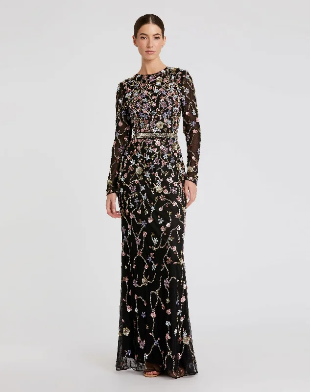 Applique Gown Long Sleeve Embellished Mesh Gown