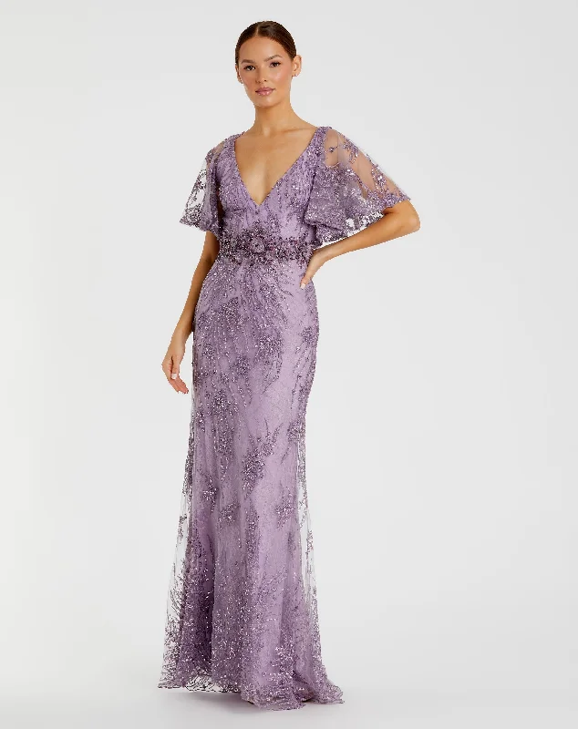 Satin Gown Vintage Flutter Sleeve Evening Gown