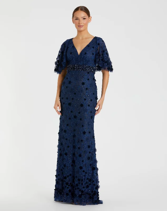 Draped Formal Dress Embellished Floral Gown