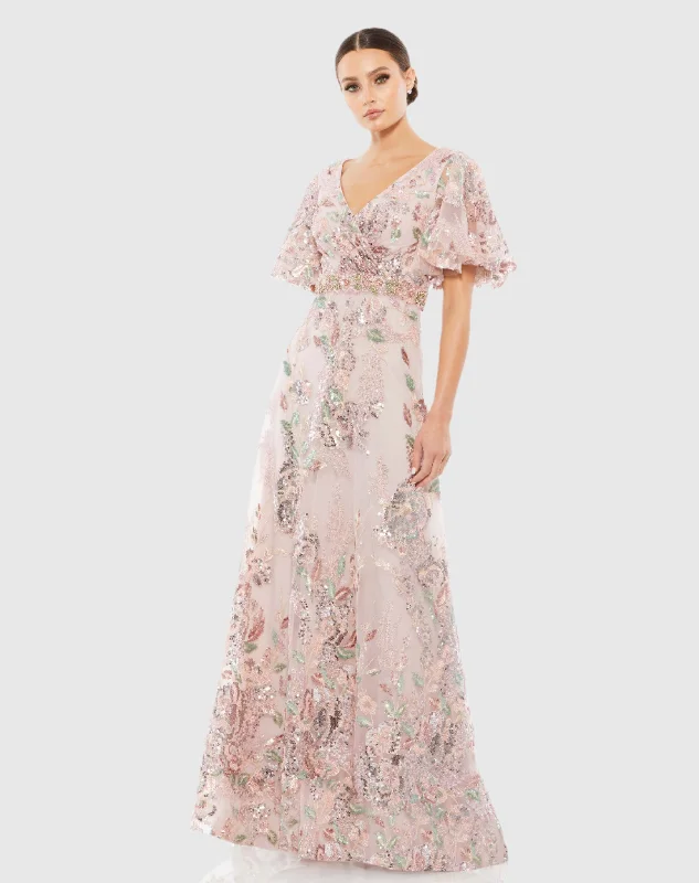 Elegant Wedding Gown Floral Embellished Short Sleeve Gown