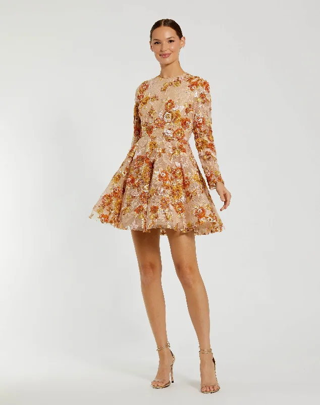 Sheer Panel Dress High Neck Long Sleeve Sequin A Line Mini Dress
