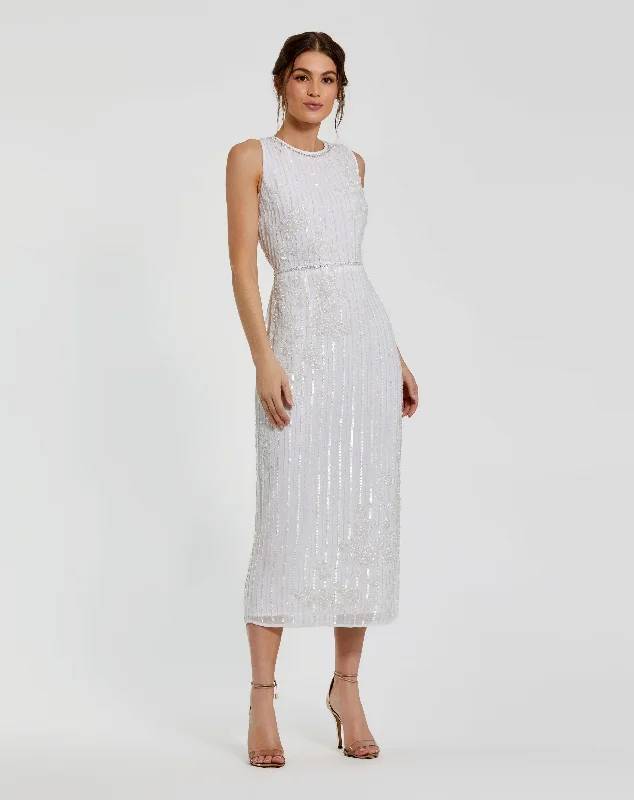 Sheer Panel Dress Striped Floral Embellished Sleeveless Midi Dress