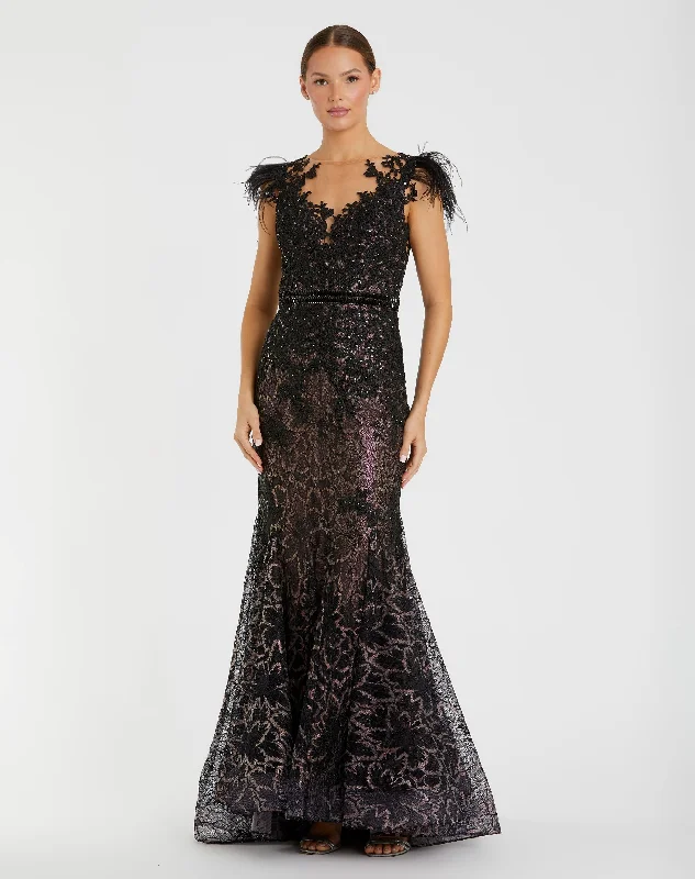 Glitter Dress Embellished Feather Cap Sleeve Illusion Neck Trumpet Gown