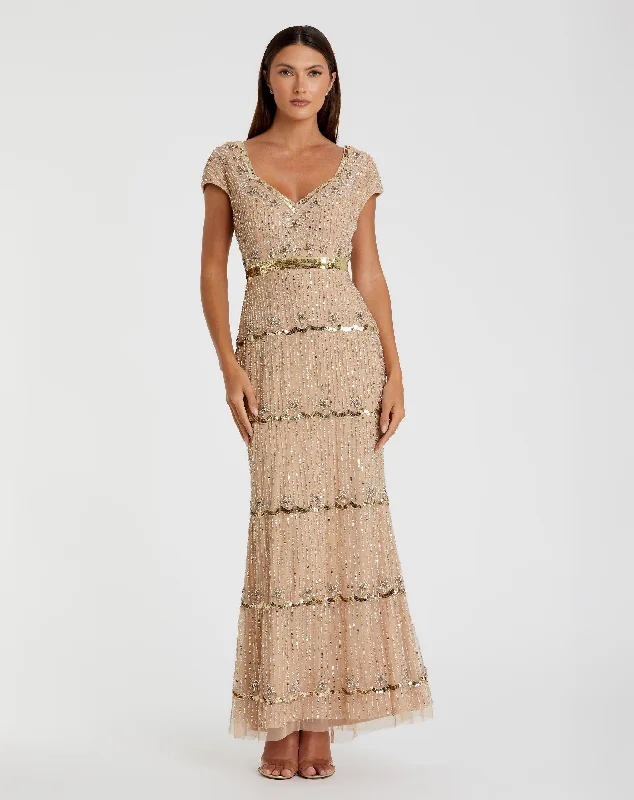 Backless Dress Beige Cap Sleeve Sweetheart Neckline Beaded Sequin Column Gown
