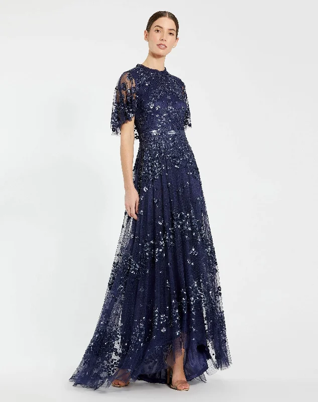 Knee-Length Dress Sequined High Neck Flutter Sleeve A Line Gown