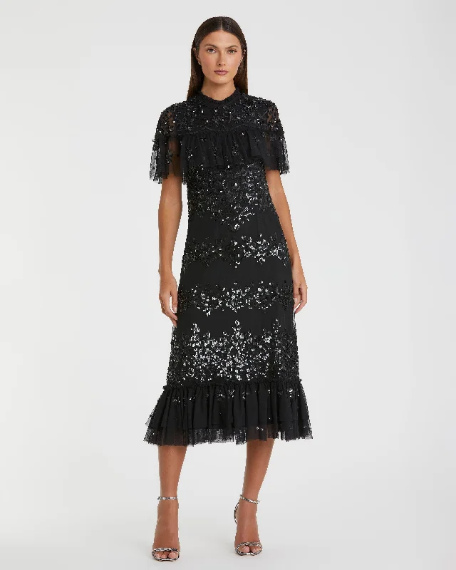 Designer Gown Sequined High Neck Ruffled Flutter Sleeve Midi Dress