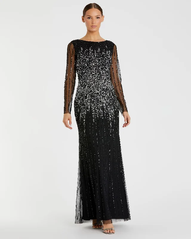 Timeless Satin Dress High Neck Sequin Embellished Long Sleeve A Line Gown