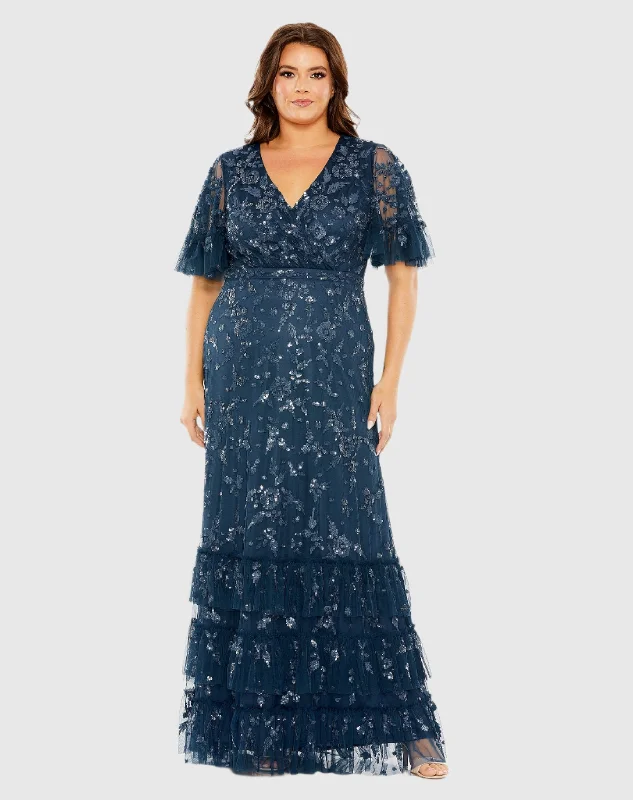 Bodycon Gown Sequin Embellished Flutter Sleeve Faux Wrap V-Neck Tiered Gown