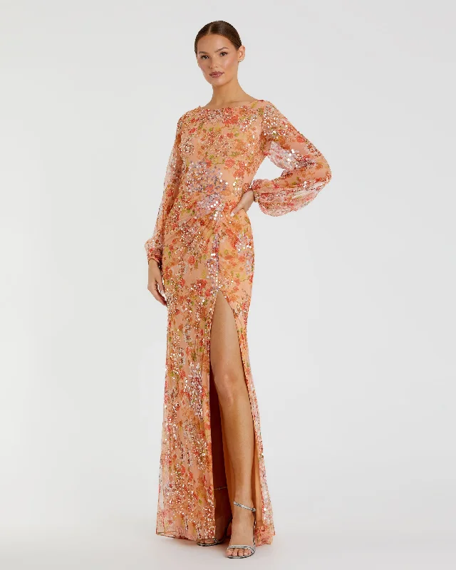 Rose Gold Dress Floral Print Sequined Puff Sleeve Gown