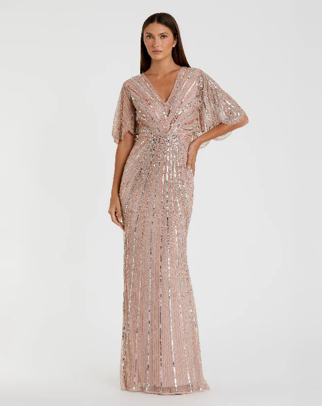 Vivid Color Gown Sequined V Neck Cape Sleeve Column Gown
