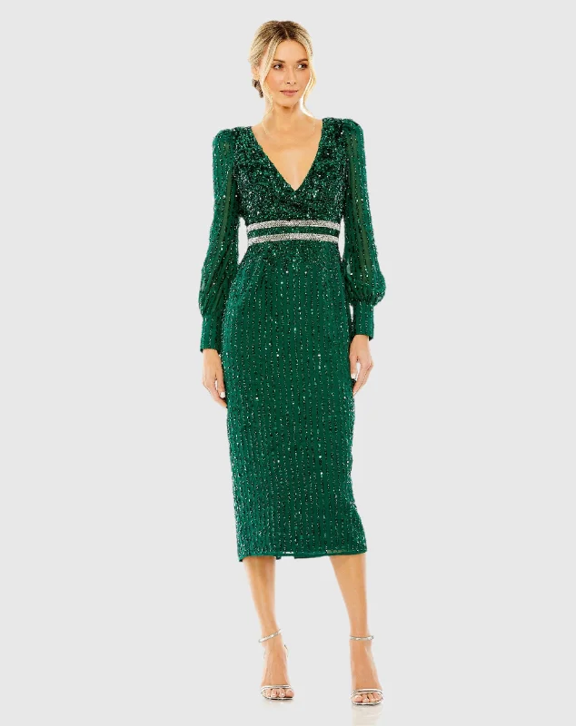 Beaded Dress Sequined V Neck Bishop Sleeve Dress