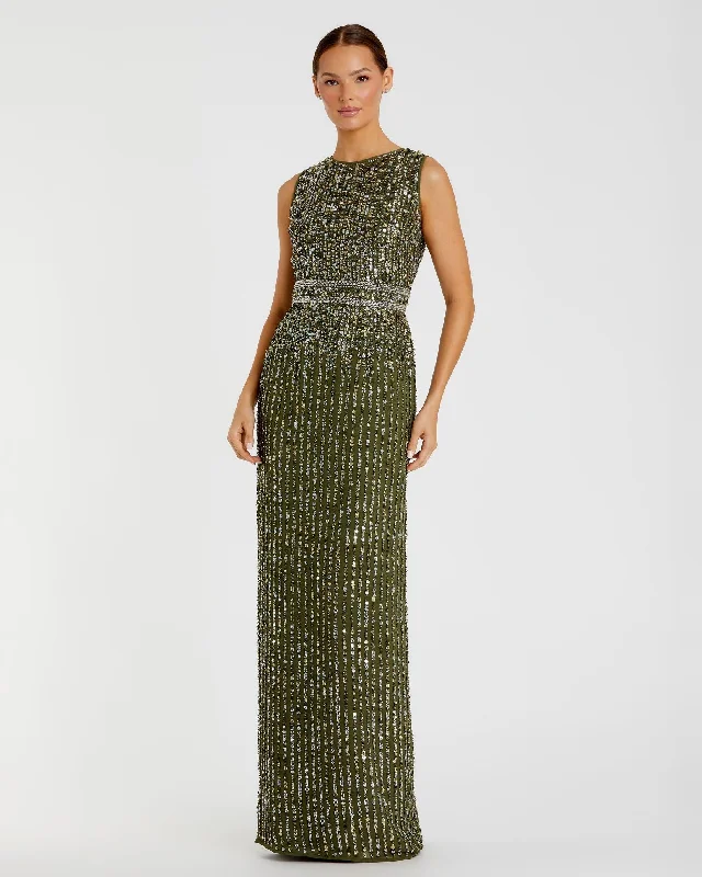 Simple Formal Dress Green Sequined High Neck Sleeveless Column Gown