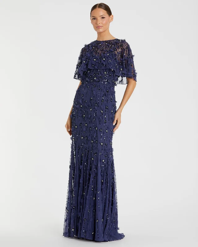 Backless Dress Embellished Illusion Cape Sleeve Trumpet Gown