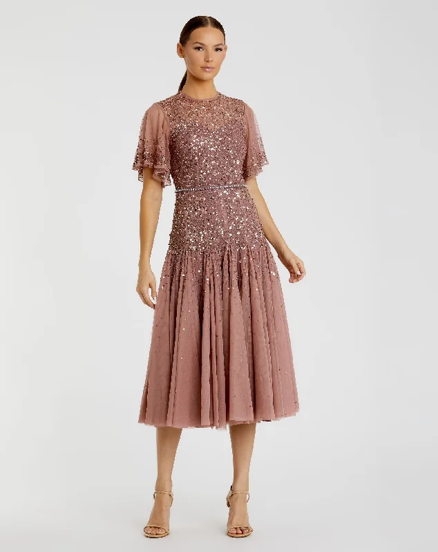 Elegant Evening Dress Cape Sleeve Beaded Tea Length A-line Dress