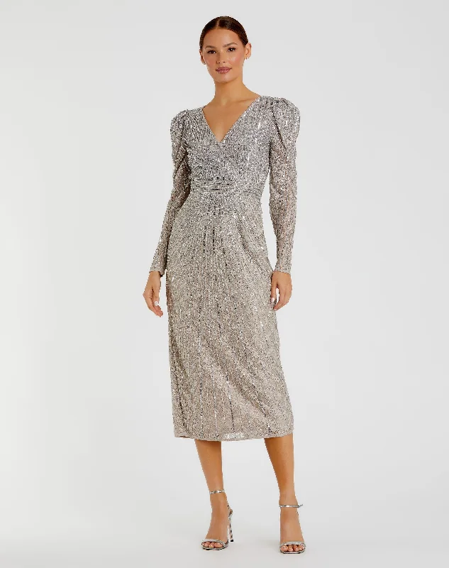 Modest Formal Dress Beaded Lace Long Sleeve Midi  Dress