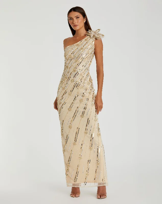 Satin Gown Embellished Floral Detail One Shoulder Gown