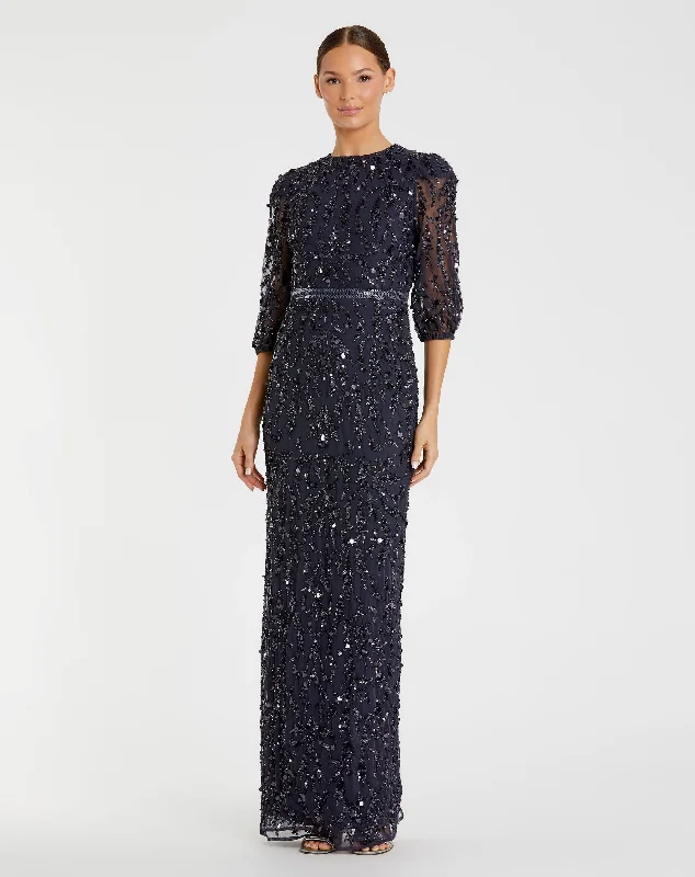 Puffy Sleeve Dress Sequined Elbow Sleeve Gown