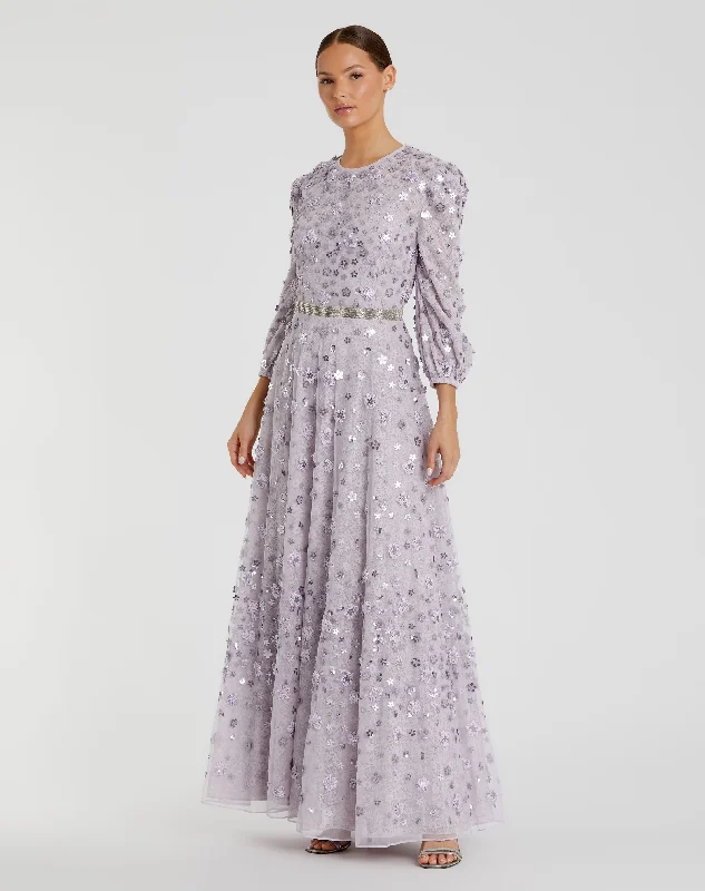 Ball Gown Floral Applique Puff Sleeve High Neck A-Line Gown