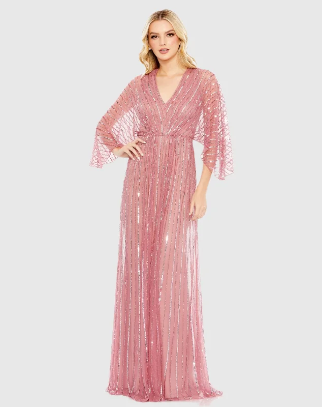 Sparkly Dress Beaded Striping Kimono Sleeve V Neck Gown