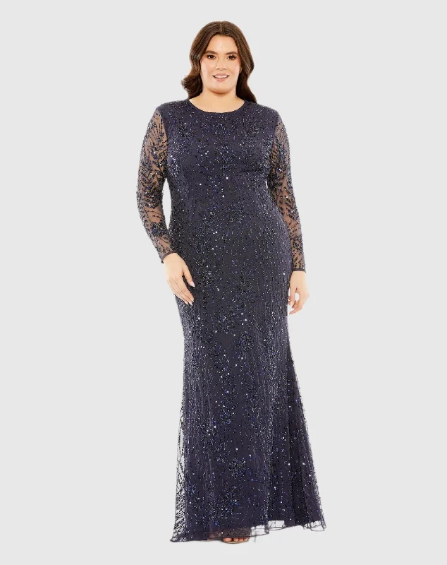 Draped Satin Gown Long Sleeve Mesh Embellished Gown