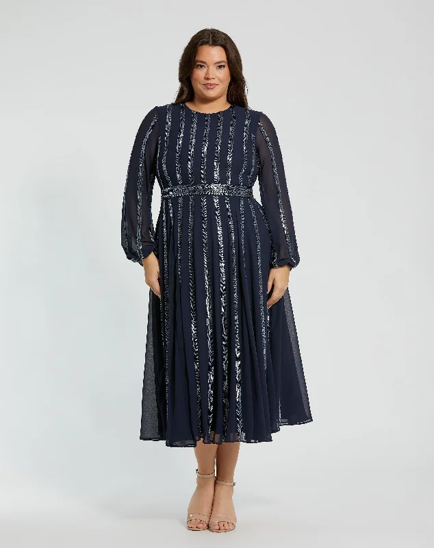Floral Embroidery Dress Long Sheer Sleeve Sequin Dress